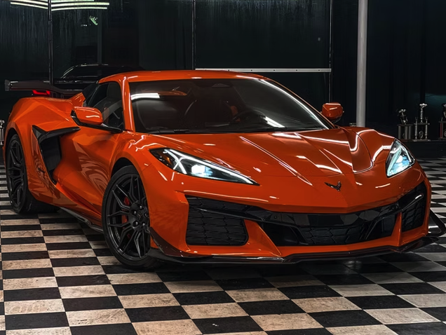 Orange Corvette detailed in Mike's Detailing shop